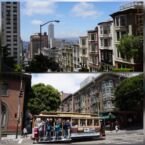 Arriba: Contraste de las antiguas casas de estilo victoriano y los rascacielos modernos Abajo: Famoso tranvía turístico de San Francisco