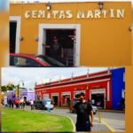 Arriba: Almuerzo en Cemitas "Martín", enormes sandwich con palta, queso, chipotle y carne;Abajo: probando barra de mani en centro de Cholula.