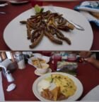 Gusanos de cactus y omelette de flor de cactus. Al fondo, jugo de fruto de cactus